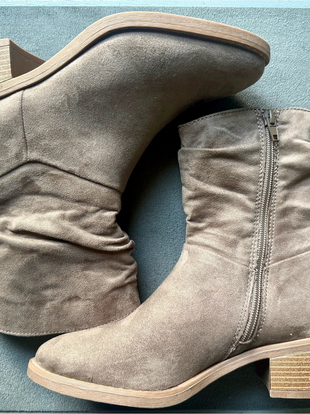 Limelight Taupe Suede Slouchy Mid-Calf Boots with Side Zipper
